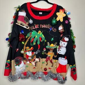 Ugly Christmas Sweater Feliz Navidad LIGHTS UP Tinsel Xmas Party Winner Size 2X